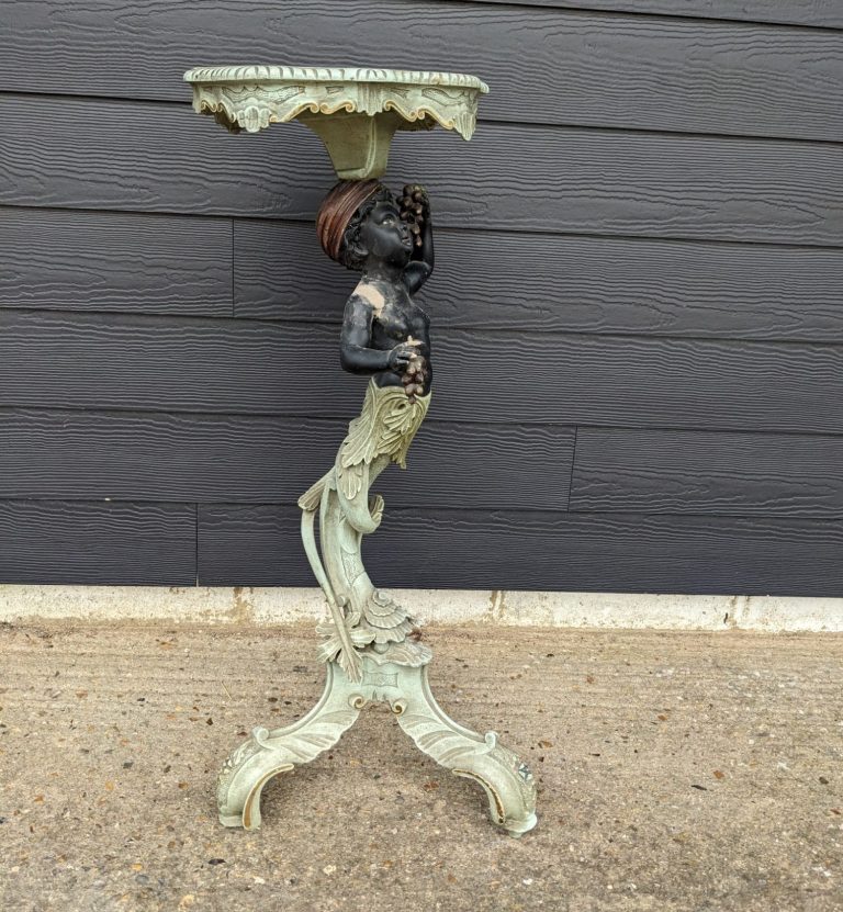 Antique Italian Painted Venetian Blackamoor Stand Circa 1900 ANTIQUE 19thC Venetian hand painted carved antique Venetian Italian blackamoor. On a rococo style triang. repairs,color,restoration,gilding